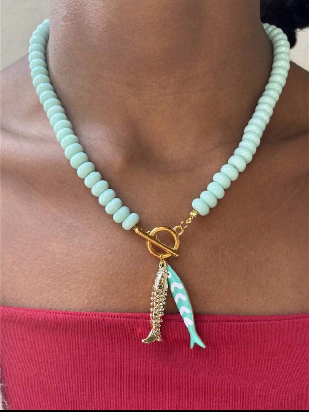 Anthropologie Mint Beaded Necklace with Gold Fish Charms - Picture 4 of 4